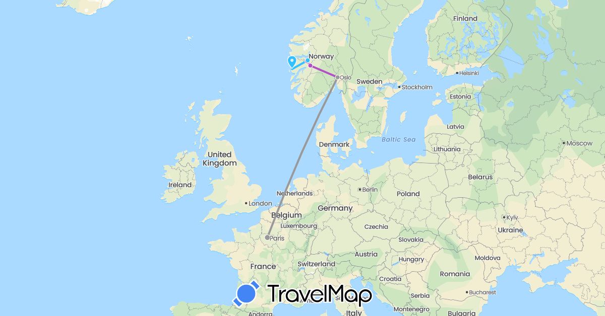 TravelMap itinerary: driving, plane, train, boat in France, Norway (Europe)